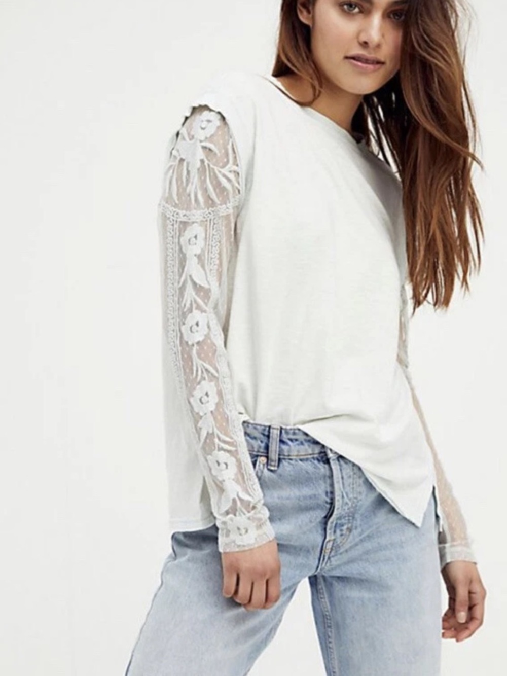 Free People Billie Jean Twofer Lace Long Sleeve Lace Tee Top in mint Women’s Med